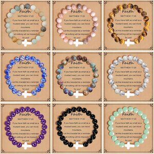 YVVLEE 9Pcs Cross Bracelets Set Natural Stone Beaded Christian Jewelry for Faith